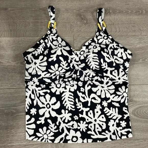 NWOT Lands’ End Black White Tropical Floral Tankini Top Gold Strap Accent 18W - Picture 1 of 12